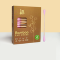 Packaging of IMECO Bamboo Cotton Ear Swabs with several pink swabs visible through a box window, alongside a pink cotton tip swab shown outside the box.