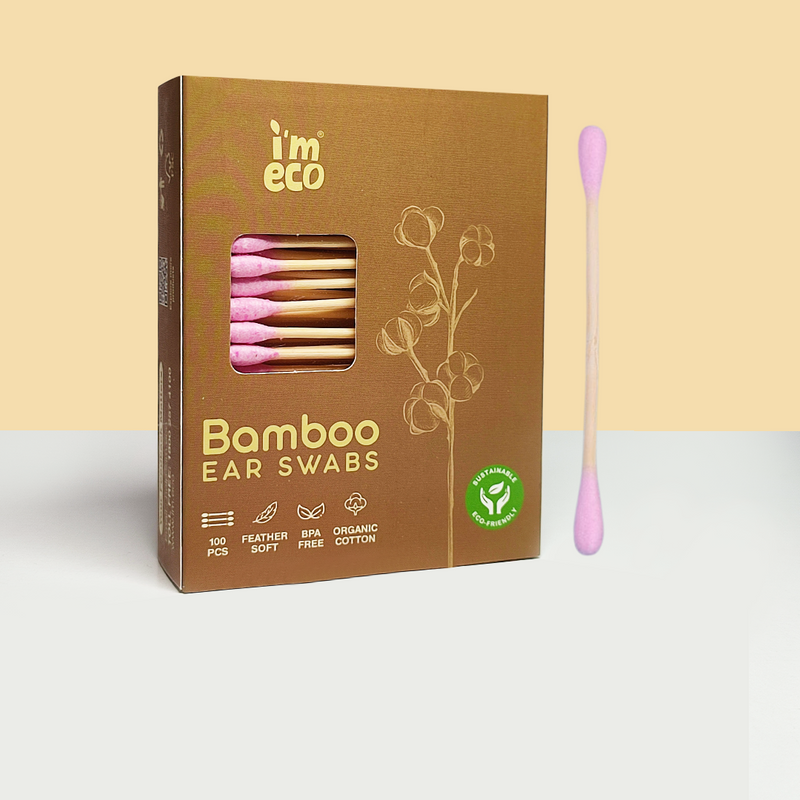 Packaging of IMECO Bamboo Cotton Ear Swabs with several pink swabs visible through a box window, alongside a pink cotton tip swab shown outside the box.