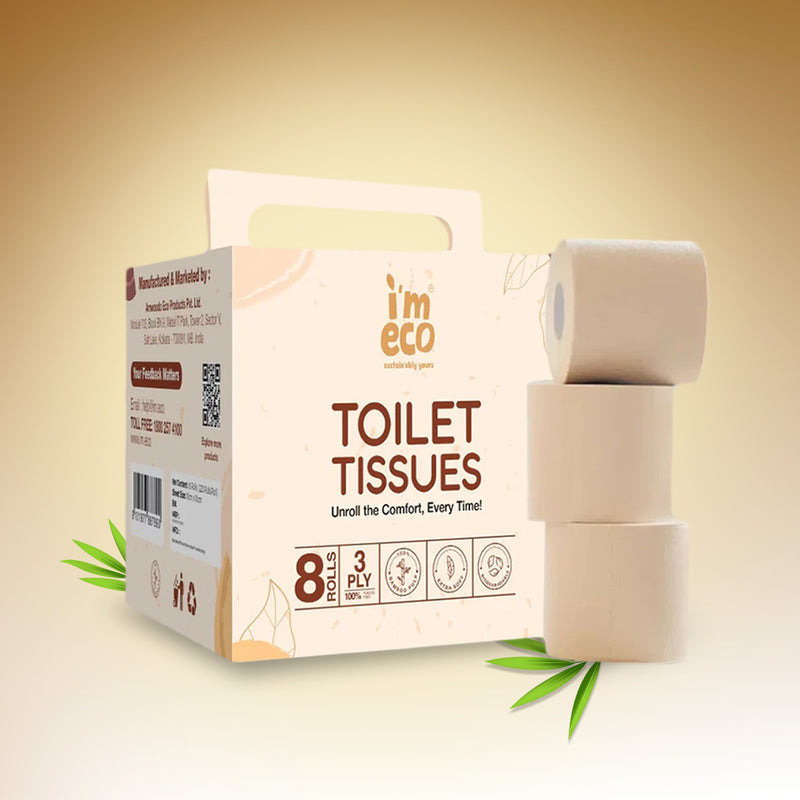 Packaging of IMECO brand bamboo toilet tissue rolls with 8 rolls displayed in front of a beach-like background.