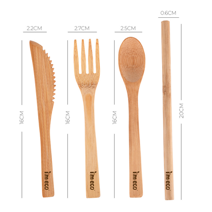 IMECO bamboo cutlery set with measurements on a white background