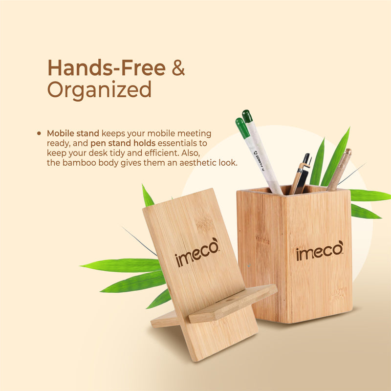 bamboo phone stand and pen holder with 'imeco' branding on a beige background.