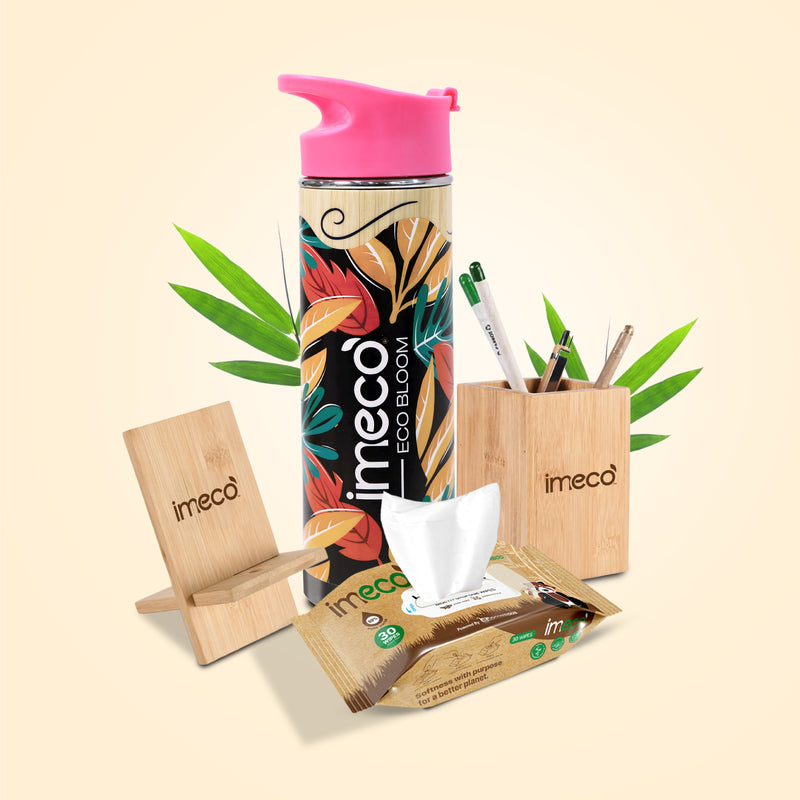 collection of Imeco eco-friendly products including a water bottle, desk organizer, and tissues on a beige background.