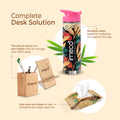 imeco desk solution set with bamboo water bottle, phone stand, pen holder, and aloe vera wipes on a beige background.