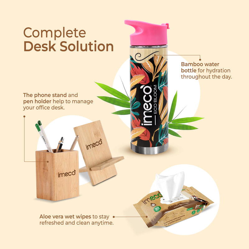 imeco desk solution set with bamboo water bottle, phone stand, pen holder, and aloe vera wipes on a beige background.