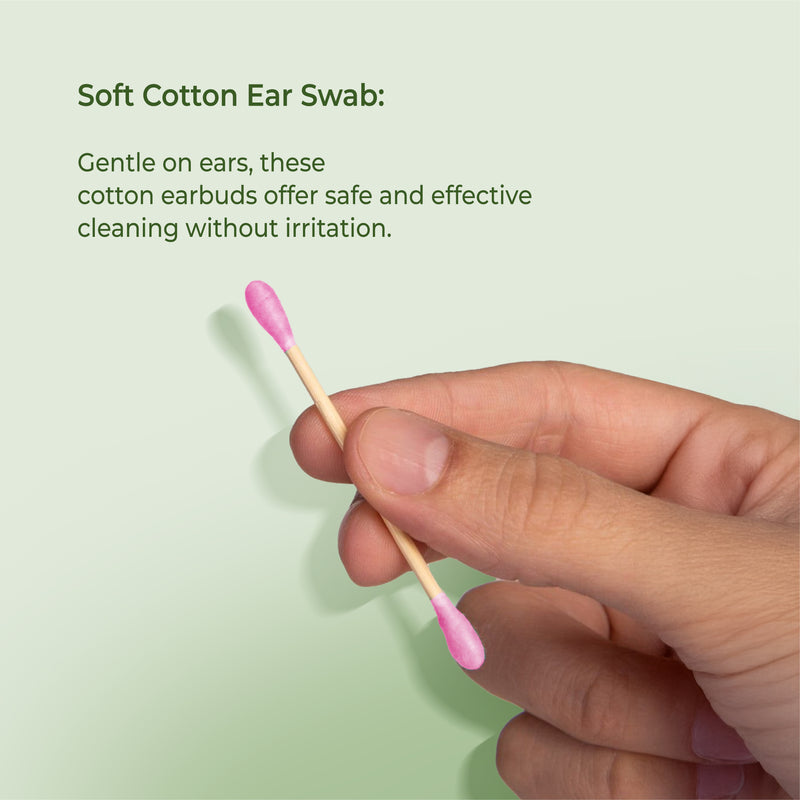 a hand holding a soft cotton ear swab with text on a light green background