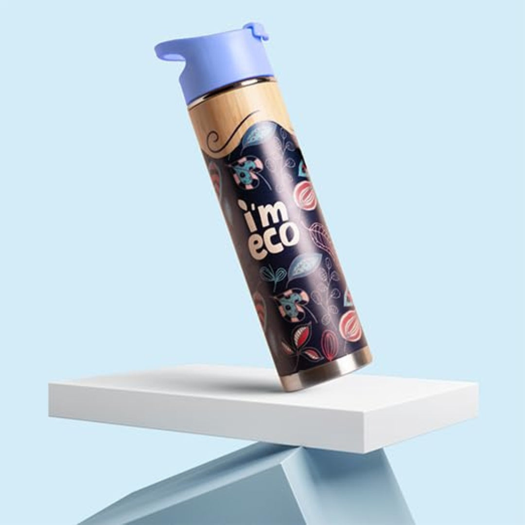 imeco bamboo water bottle with purple cap on a white platform against a light blue background