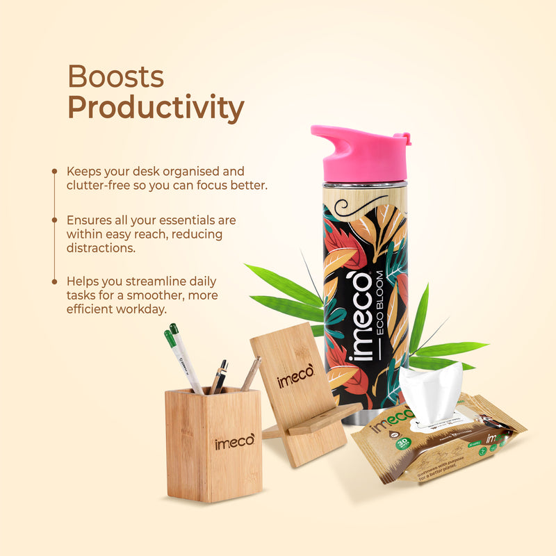 imeco office supplies including a water bottle, desk organizer, and stationery items on a beige background.