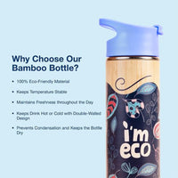 imeco eco bloom bamboo water bottle with blue cap and 'imeco' branding on a light blue background