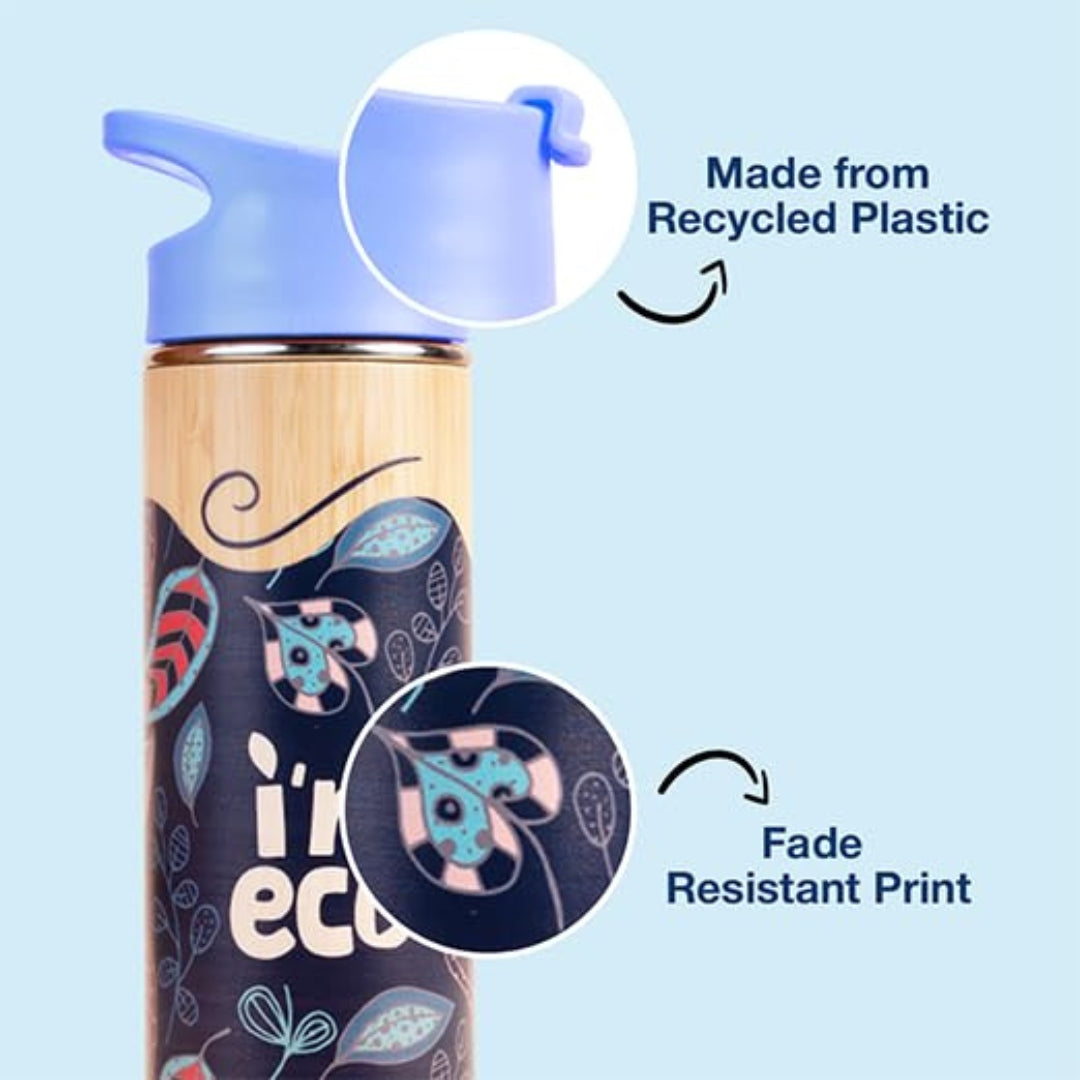 reusable imeco water bottle with bamboo base, blue cap, and eco-friendly design on a light blue background.