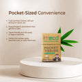 imeco pocket-sized bamboo tissues on a white platform with green leaves, against a beige background.
