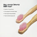 Close up image of two ORBY Kids Bamboo toothbrush against a white background highlighting all the key features 