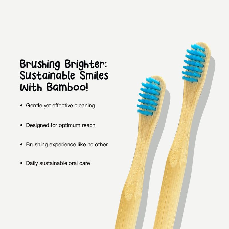 A close up shot of two ORBY Kids blue toothbrushes against a clean white background highlighting the key features to choose them