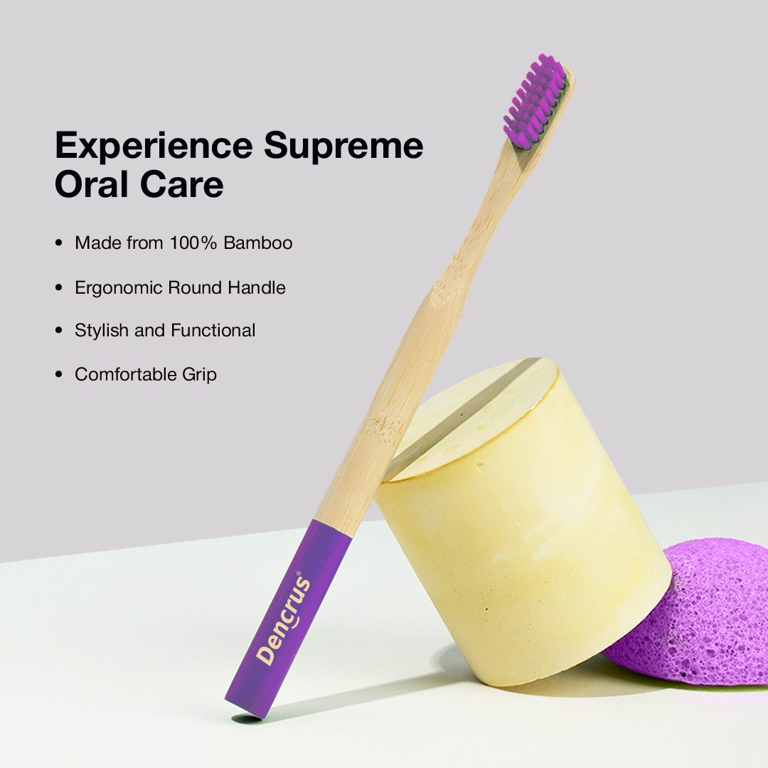ORBY Plus Bamboo toothbrush with lavender-coloured bristles placed a beige block against a white background highlighting all the key features 