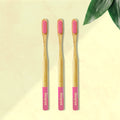 Three ORBY Plus bamboo toothbrushes with pink bristles and ergonomic handles, displayed on a neutral background with a green leaf to the side.