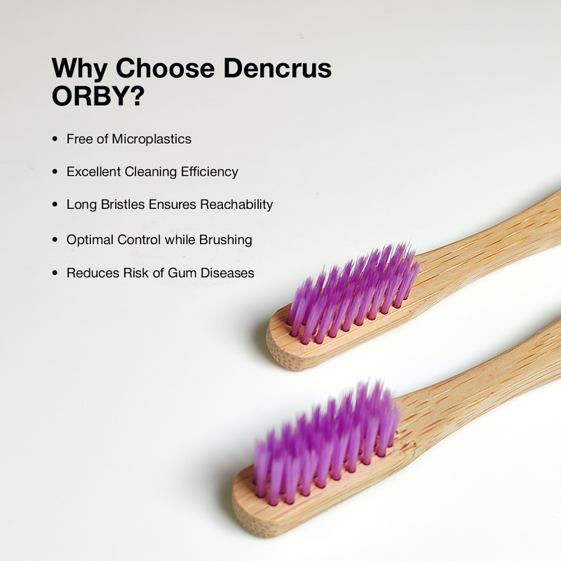 Two ORBY Plus bamboo toothbrush with lavender-coloured bristles placed on a white surface highlighting all the key features and benefits are mentioned 