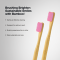 Two ORBY Plus bamboo toothbrushes against a white background highlighting all the key features 