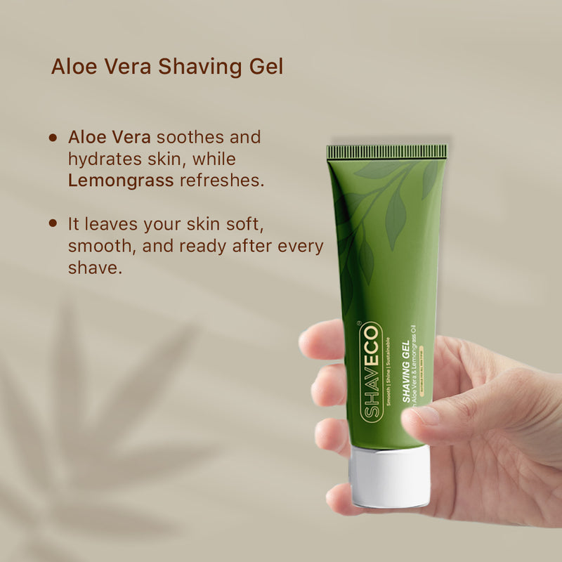 shaveco aloe vera shaving gel tube held by a hand with product description text on a beige background