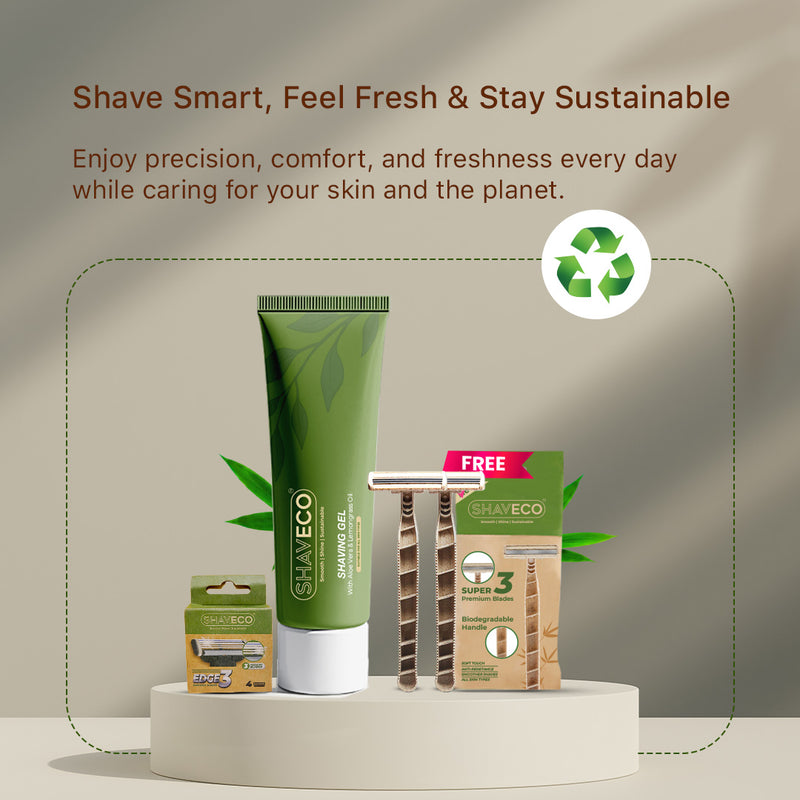 shaveco shaving products with a focus on sustainability on a neutral background