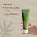 green shaveco shaving gel tube held by a hand with product description text on a beige background