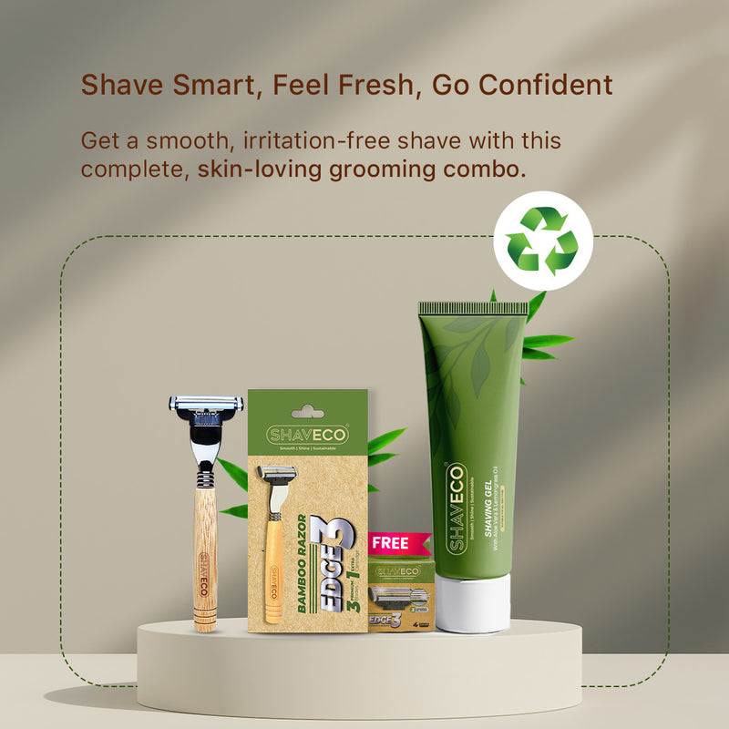 shaving combo with razor, packaging, and tube of cream on a neutral background with text 'Shave Smart, Feel Fresh, Go Confident'.