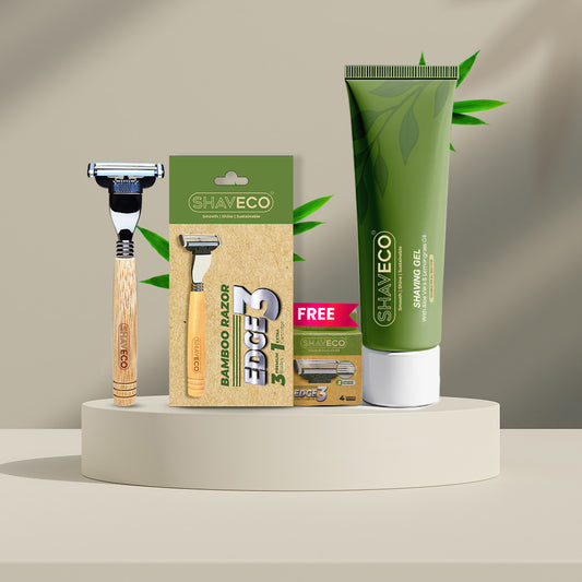 shaveco shaving products including a razor, razor blades, and shaving gel on a neutral background