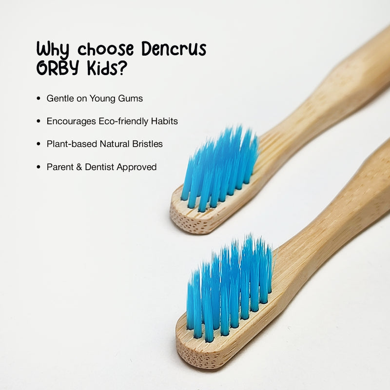 Two ORBY Kids blue tooth brushes are placed against a white background and there are benefits mentioned. 