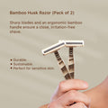 two bamboo husk razor held by a hand with product description text on a beige background