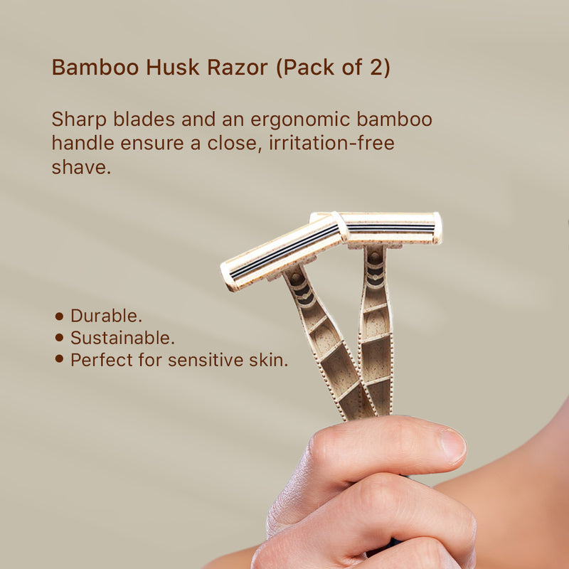 two bamboo husk razor held by a hand with product description text on a beige background